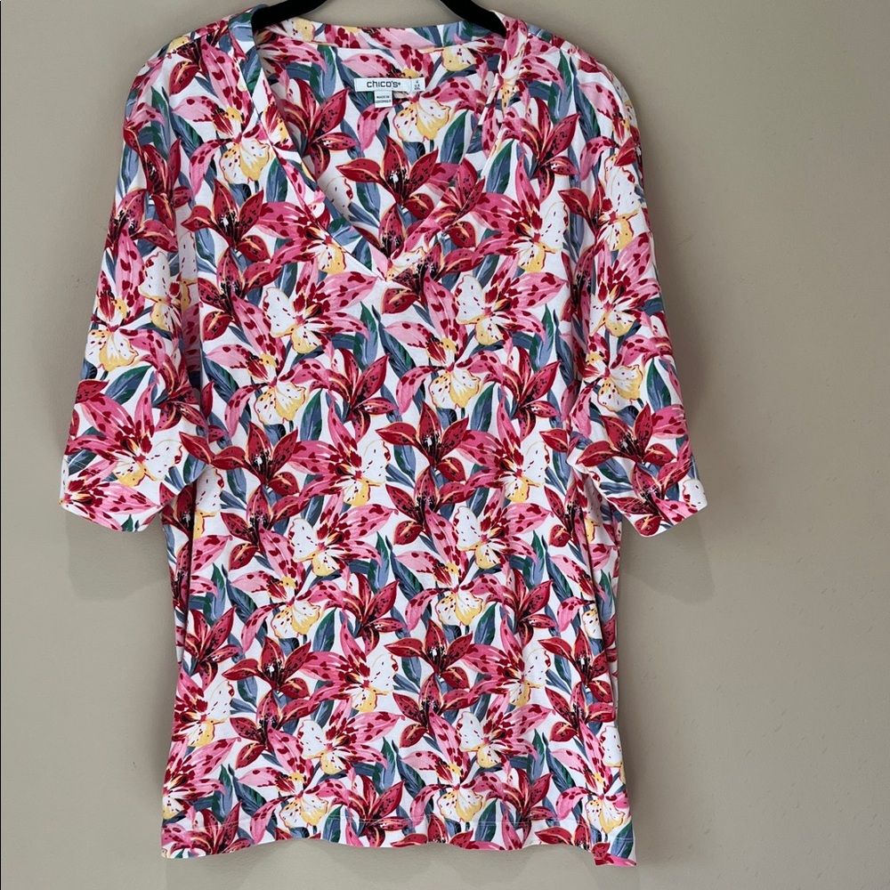 Chico's Multicolor Floral V-Neck Blouse